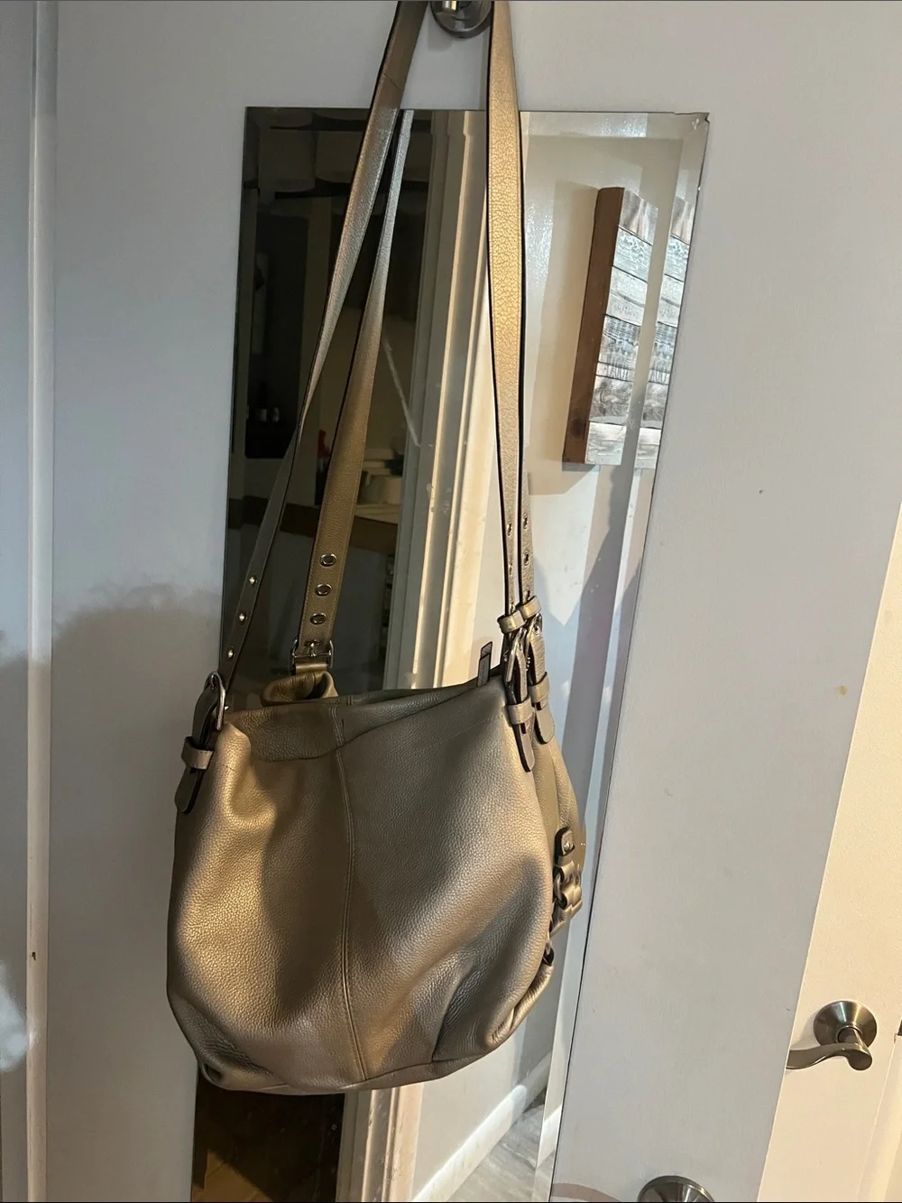 Classic silver Gray Leather Coach Shoulder Bag
